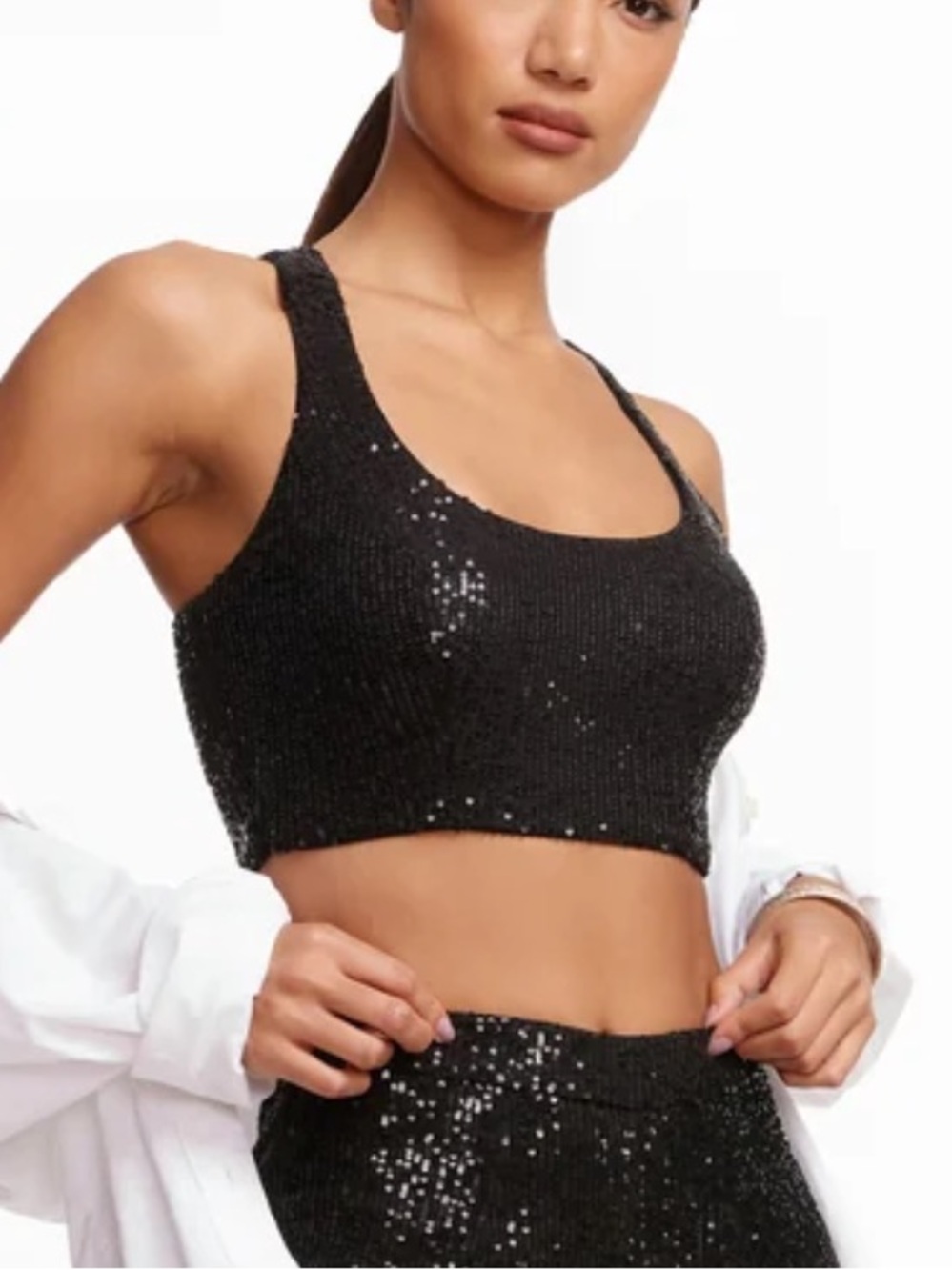 Dress The Population Women XL Black Scoop Neck Zuri Sequin Crop Top NWT